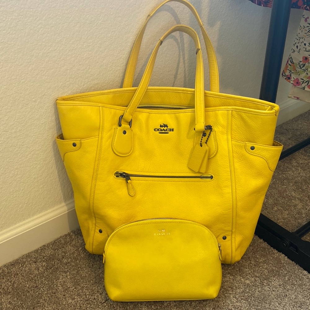 Coach yellow handbag tote and makeup bag set
